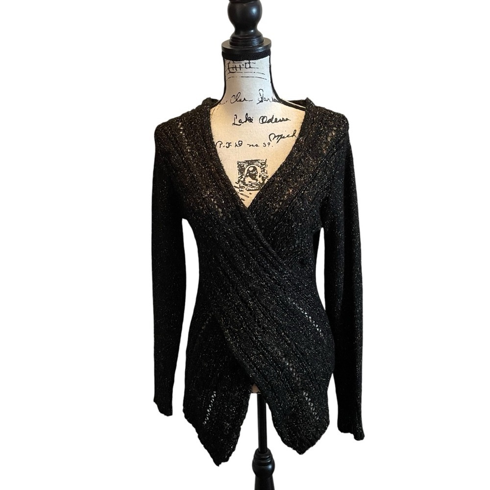 Windsor Wrap Surplice Sweater Black Size Small Cable knit Sexy Plunge moto goth